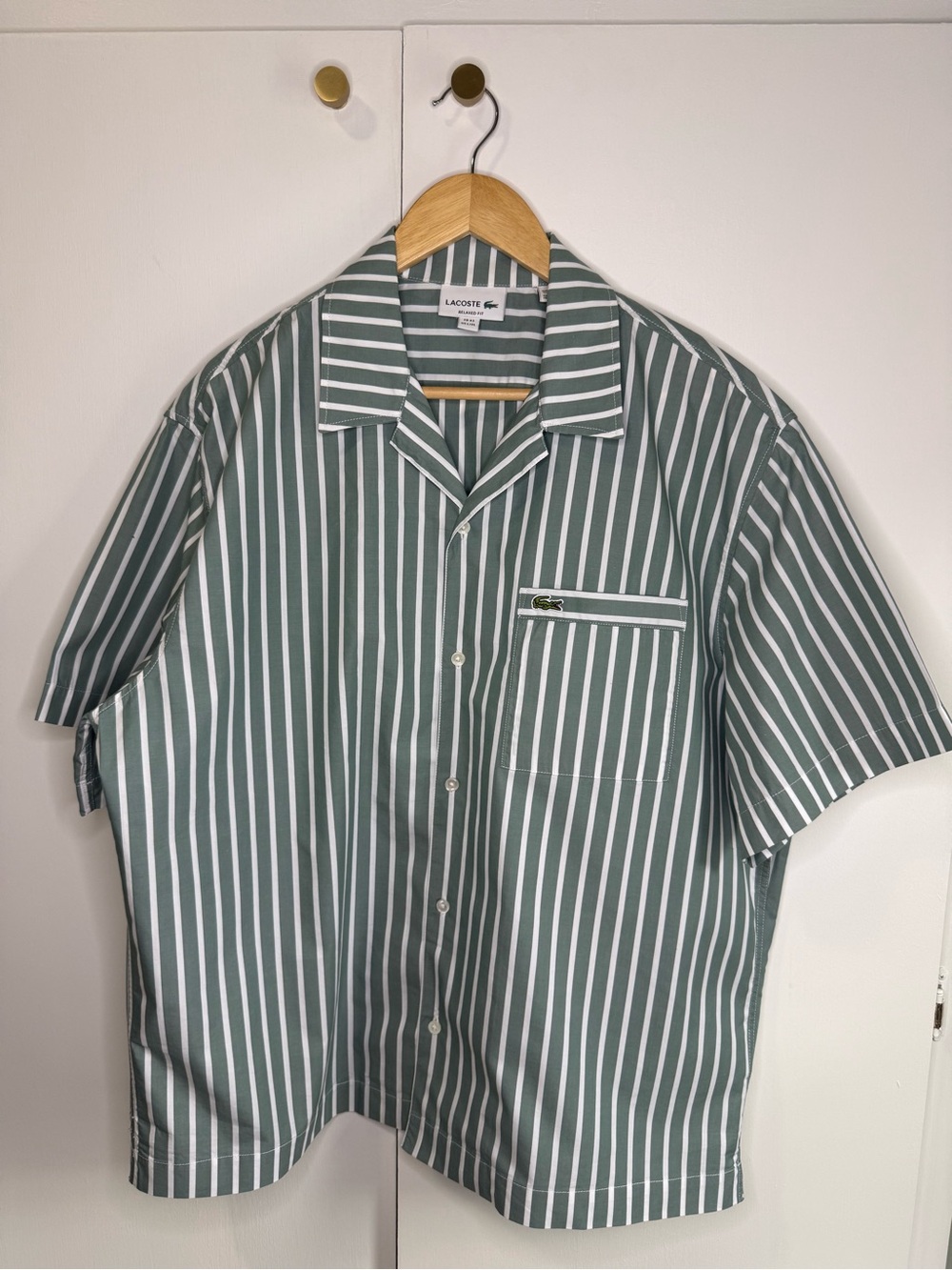 Lacoste Green and White Vertical Stripe Short-Sleeve Button-Down